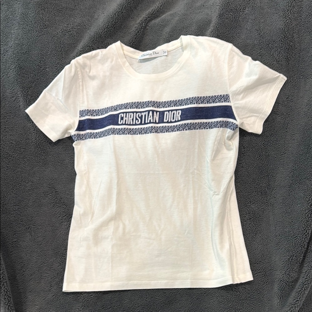 Dior White and Blue Short Sleeve Tee with Branded Stripe